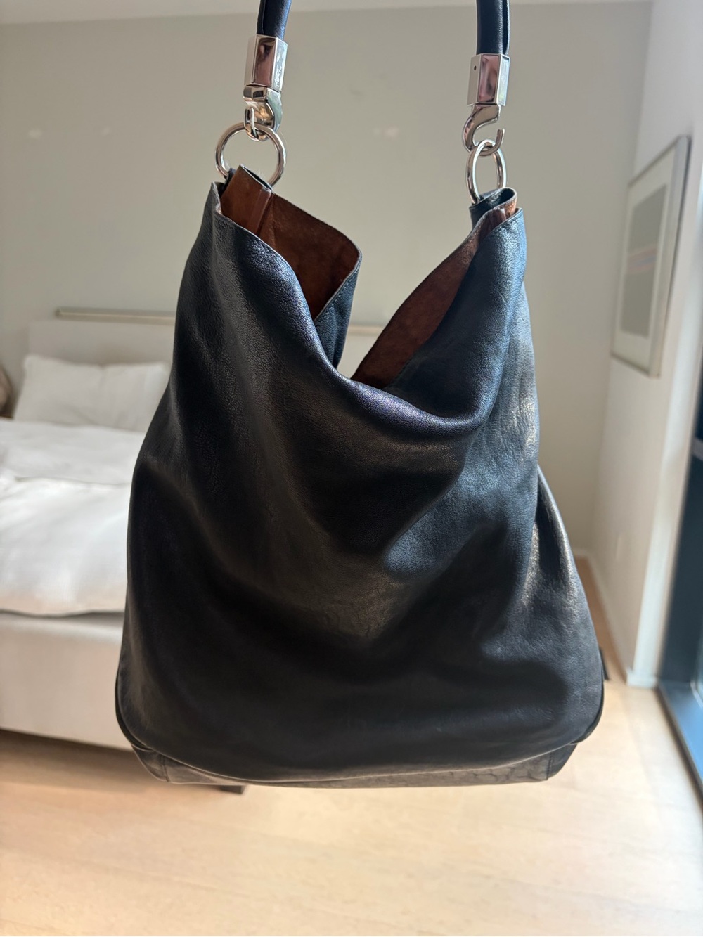 Vintage Yves Saint Laurent YSL Black Leather Hobo Shoulder Bag